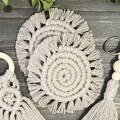 Macrame Car Accessory Bundle - Latte