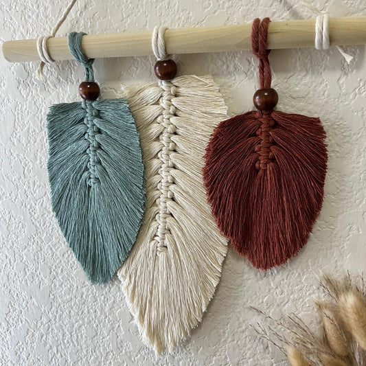 Three Leaves Macrame Wall Hanging - Crepe Green, Ivory, Brick