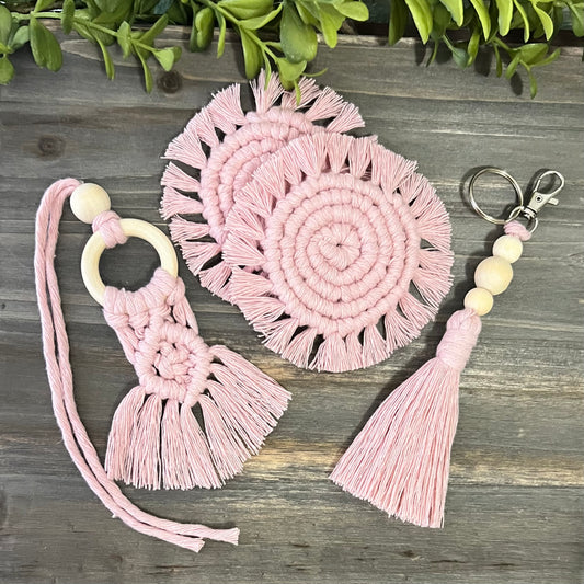 Macrame Car Accessory Bundle - Baby Pink