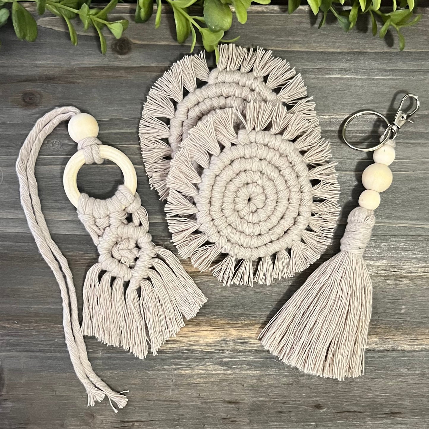 Macrame Car Accessory Bundle - Latte