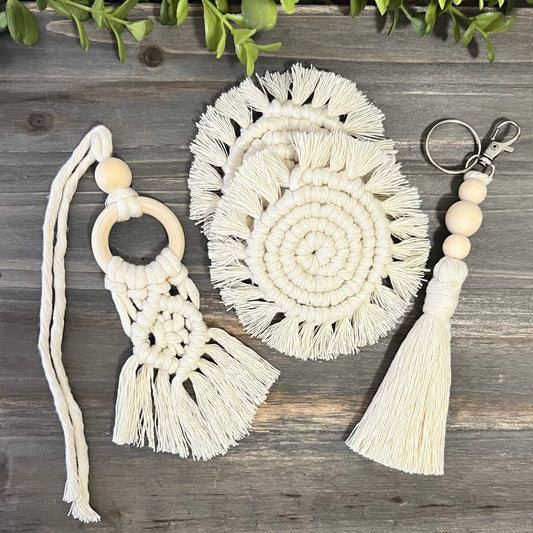 Macrame Car Accessory Bundle - Ivory